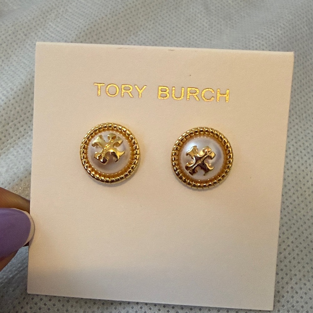 Tory Burch Gold and pearl Logo Stud Earrings